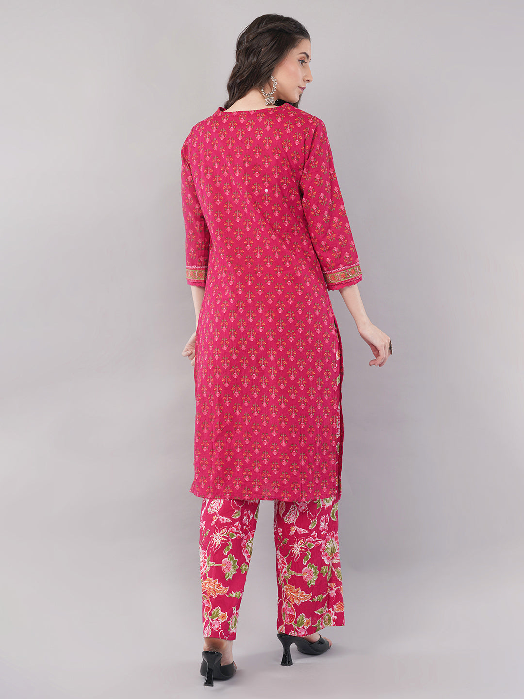 Pure Cotton Floral Print Suit Set (Kurta, Palazzo, Dupatta)