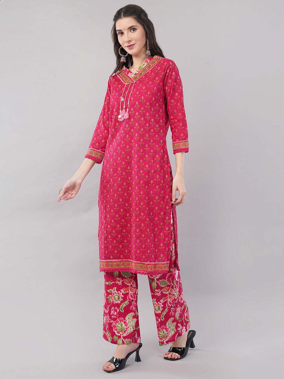 Pure Cotton Floral Print Suit Set (Kurta, Palazzo, Dupatta)