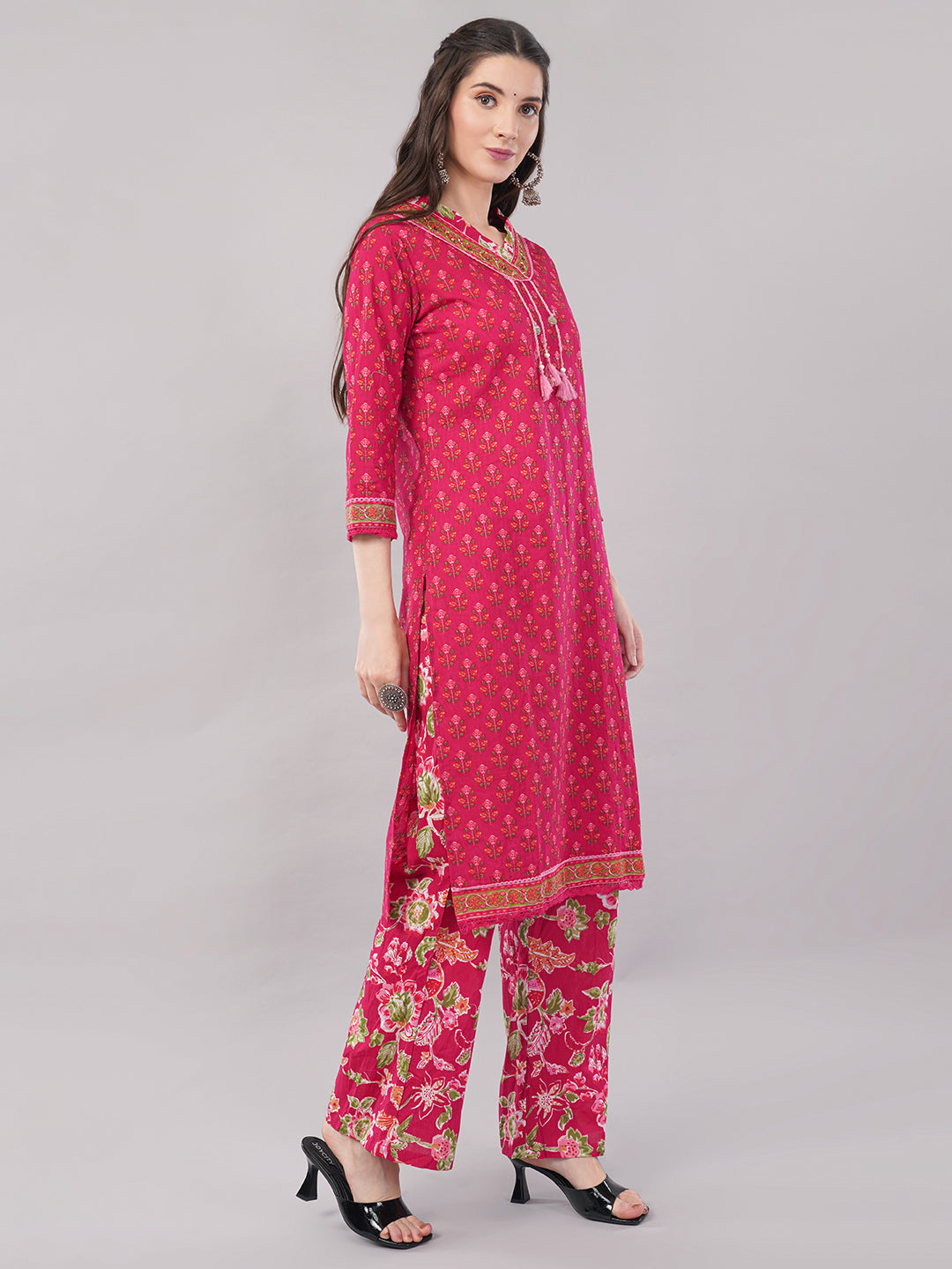 Pure Cotton Floral Print Suit Set (Kurta, Palazzo, Dupatta)