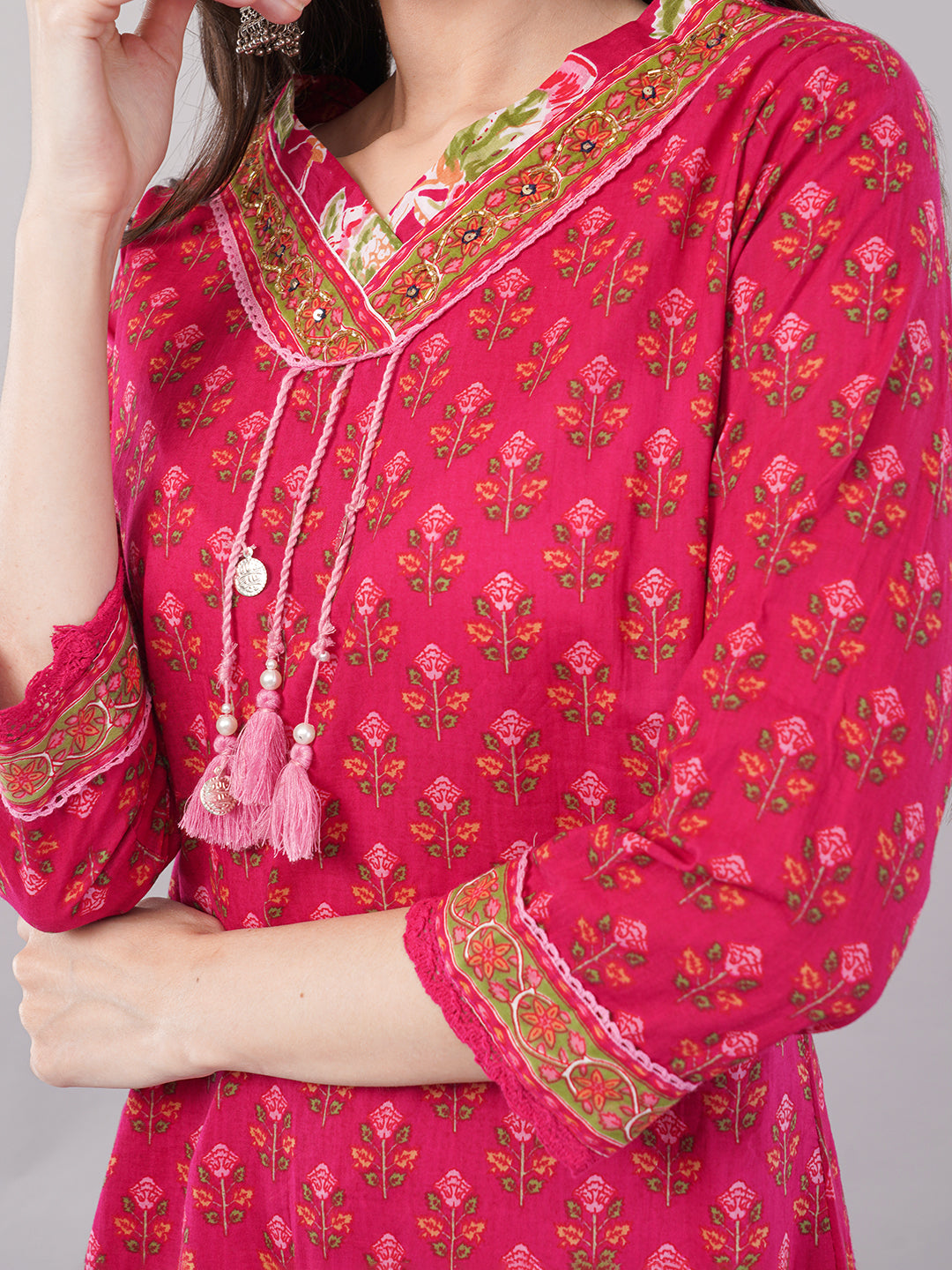 Pure Cotton Floral Print Suit Set (Kurta, Palazzo, Dupatta)