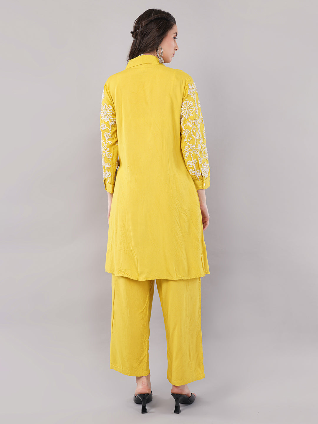 Embroidered Yellow Cotton A-Line Kurta with Straight Pants