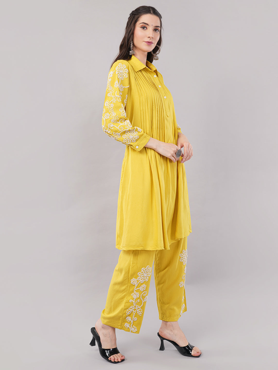 Embroidered Yellow Cotton A-Line Kurta with Straight Pants