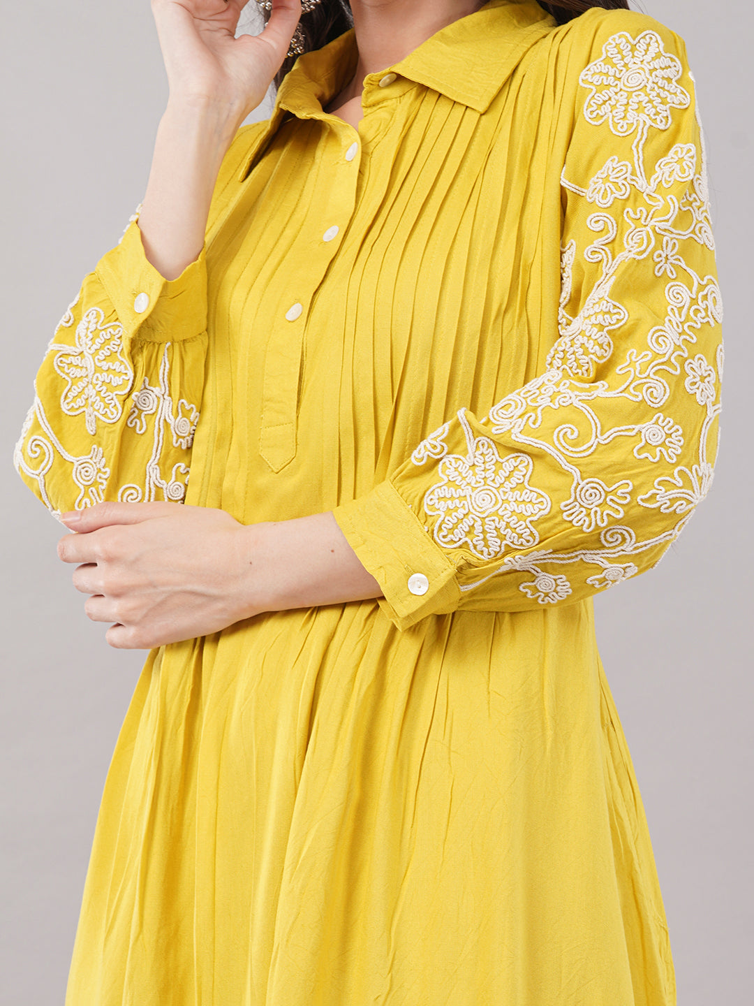 Embroidered Yellow Cotton A-Line Kurta with Straight Pants
