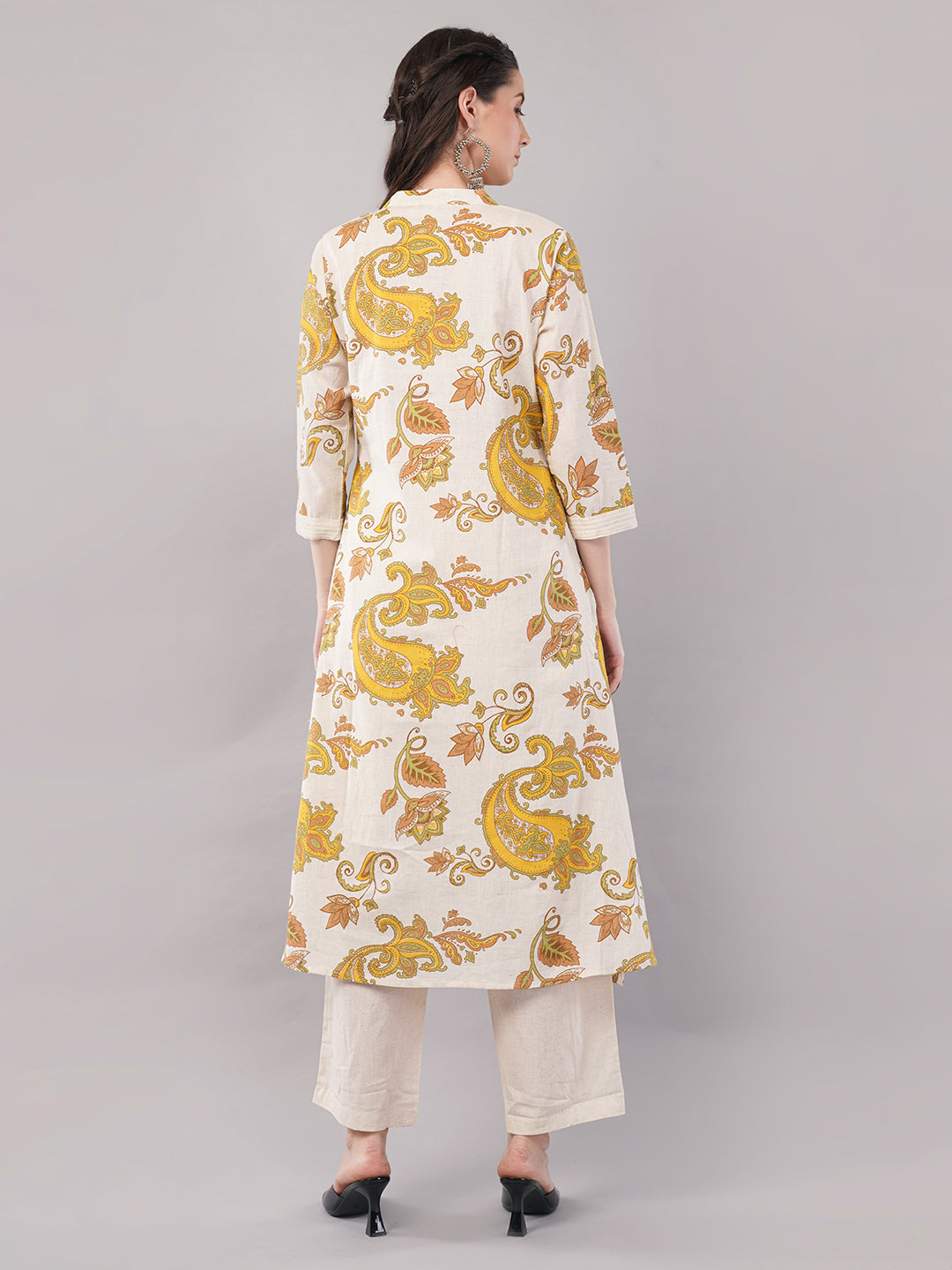 Cream & Yellow Paisley Printed A-Line Kurta with Solid Straight Pants