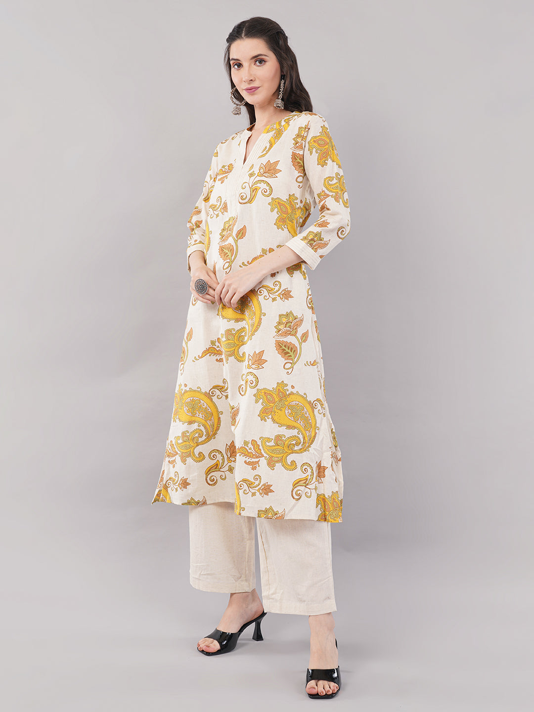 Cream & Yellow Paisley Printed A-Line Kurta with Solid Straight Pants