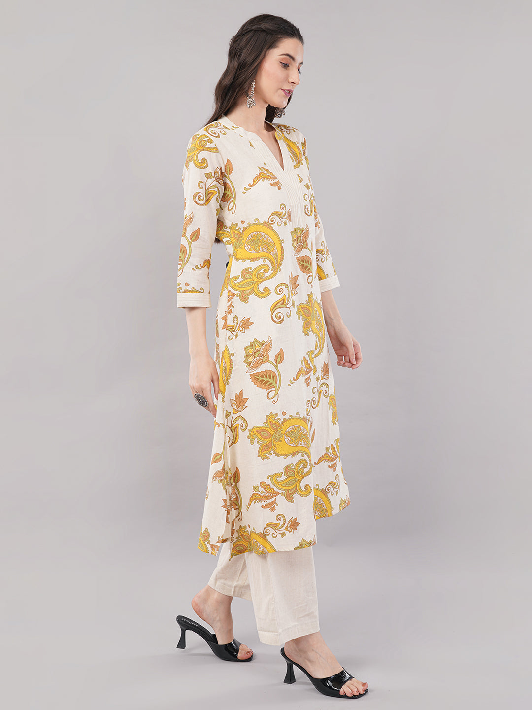 Cream & Yellow Paisley Printed A-Line Kurta with Solid Straight Pants