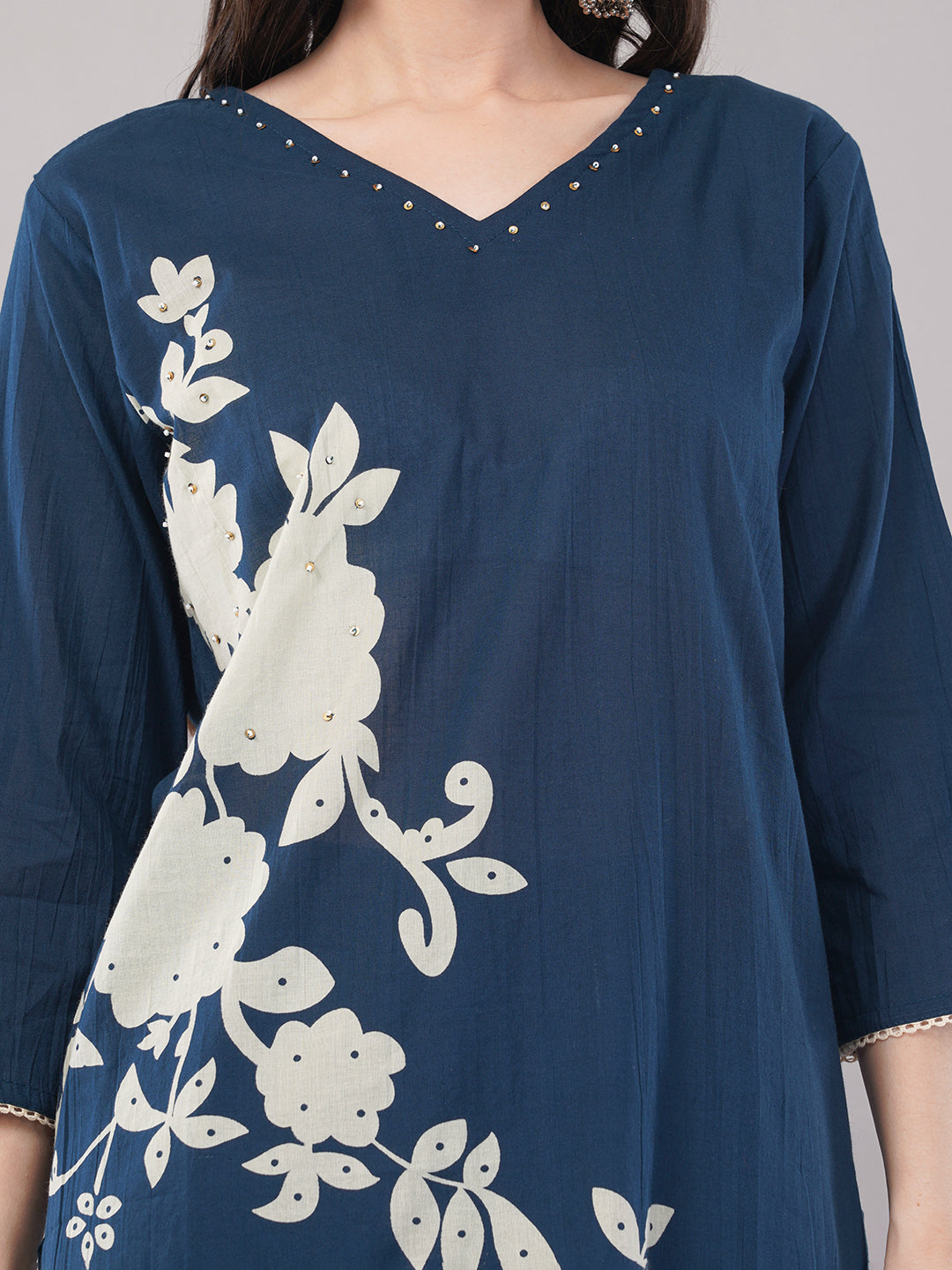 Navy Blue Floral Printed A-line Kurta Set with Dupatta