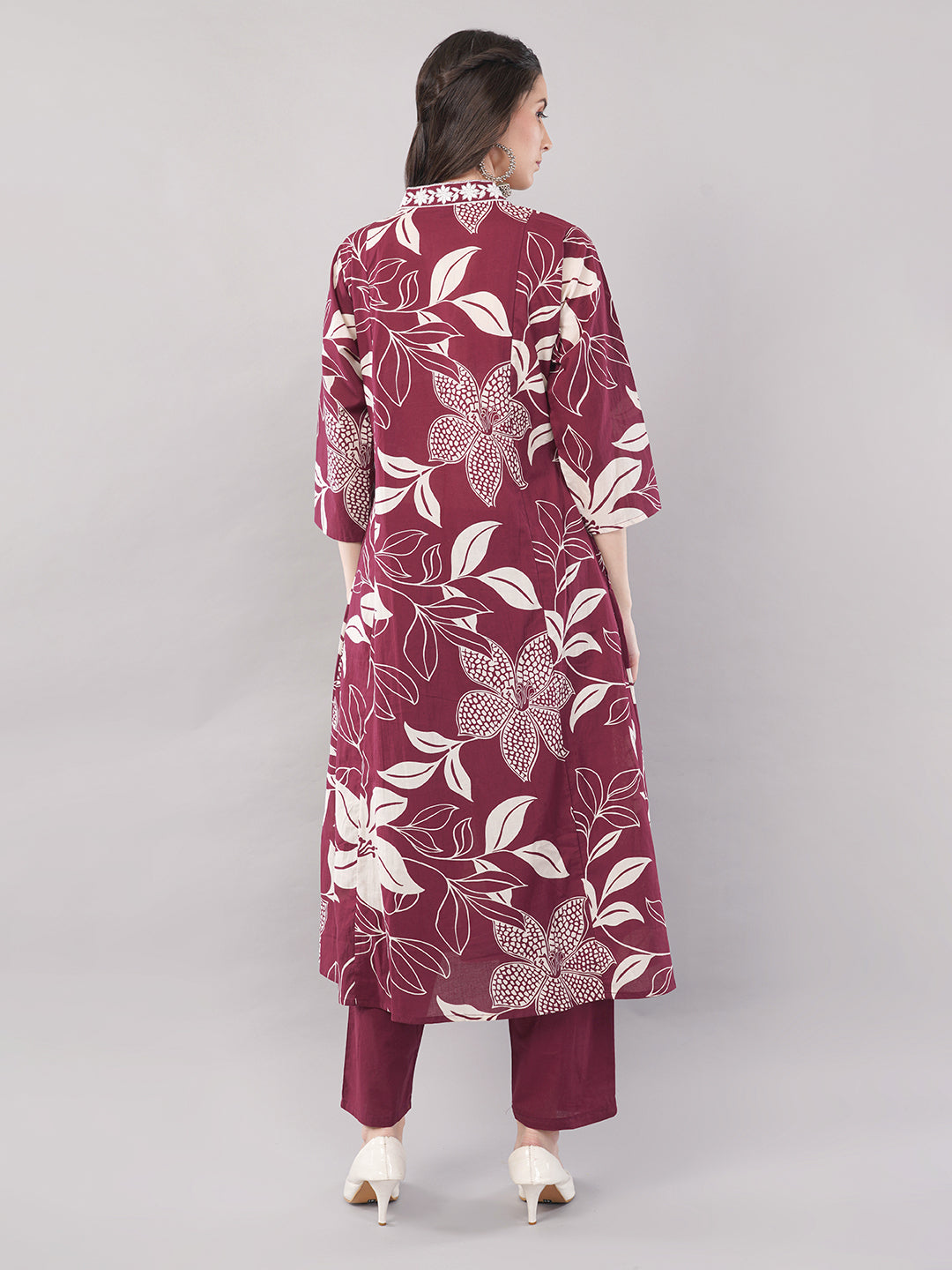 Wine Floral Printed Straight Kurta Set with Dupatta - Pure Cotton, V-Neck, 3/4 Sleeves