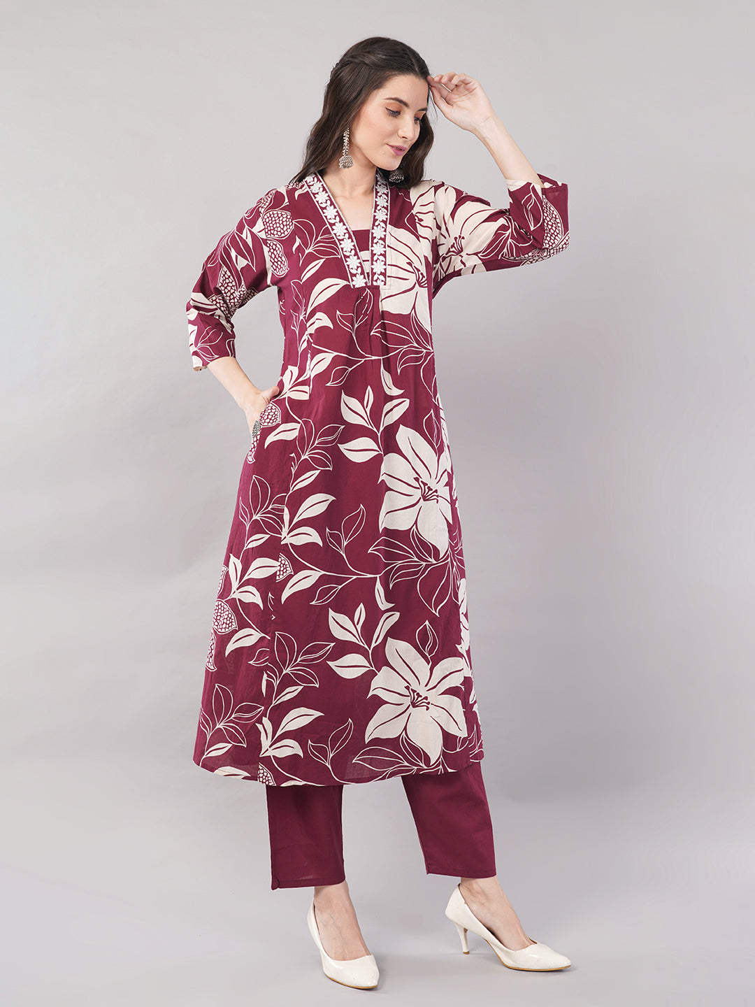 Wine Floral Printed Straight Kurta Set with Dupatta - Pure Cotton, V-Neck, 3/4 Sleeves
