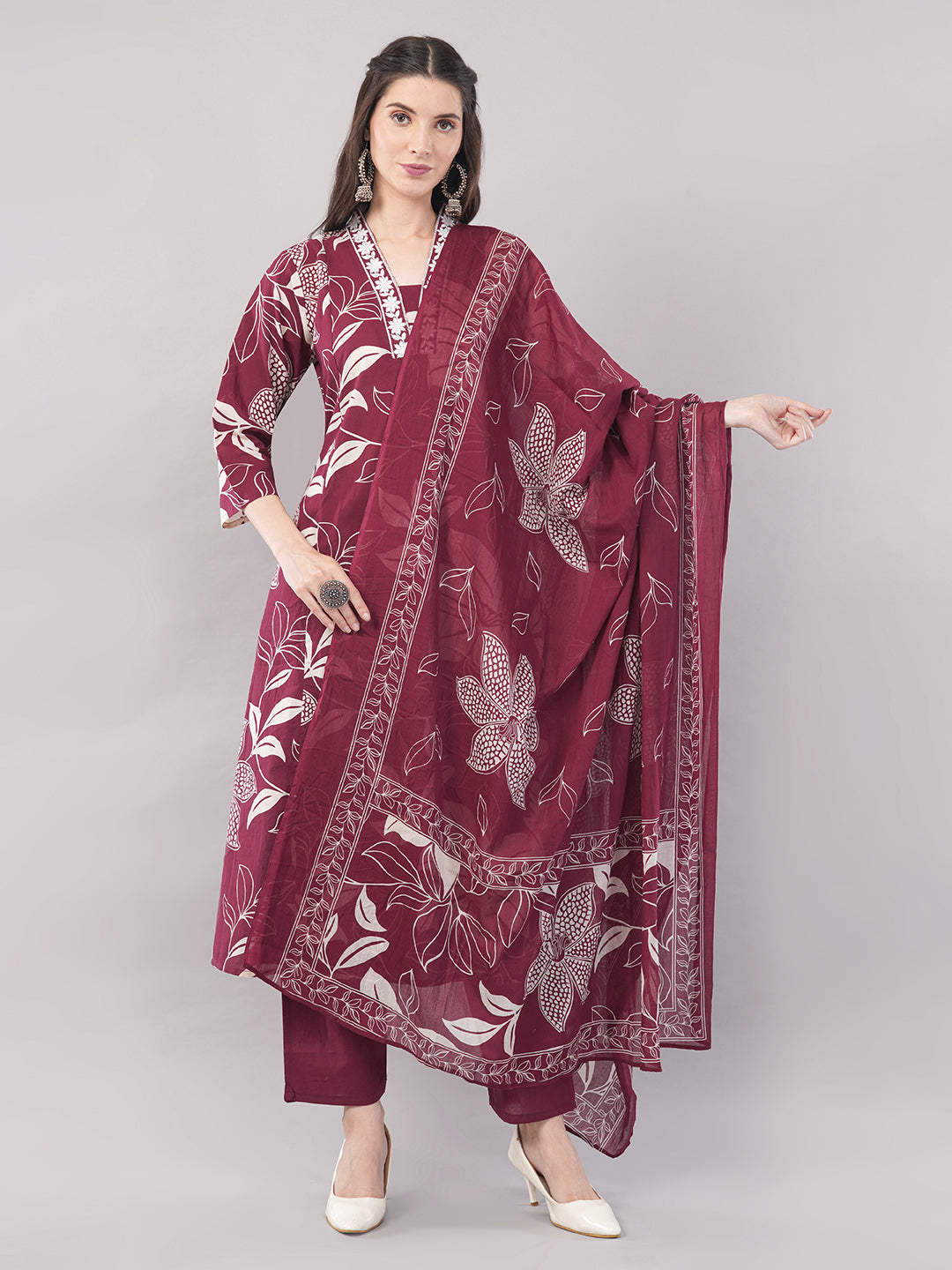 Wine Floral Printed Straight Kurta Set with Dupatta - Pure Cotton, V-Neck, 3/4 Sleeves