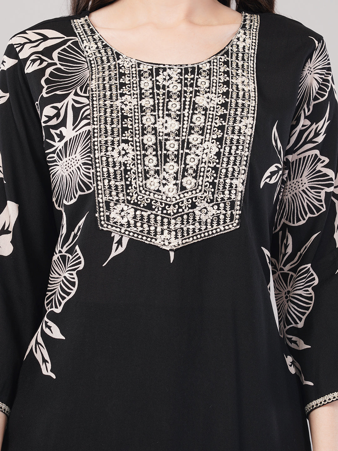 Black cotton Floral Printed Embroidered Kurta Set with Dupatta