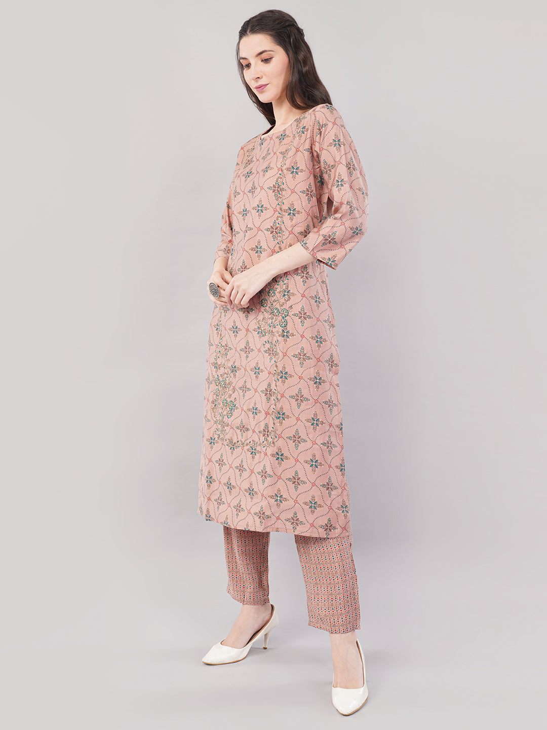 Women’s Mauve Printed Kurta Set with Dupatta & Pants – Straight Fit, Ethnic Wear