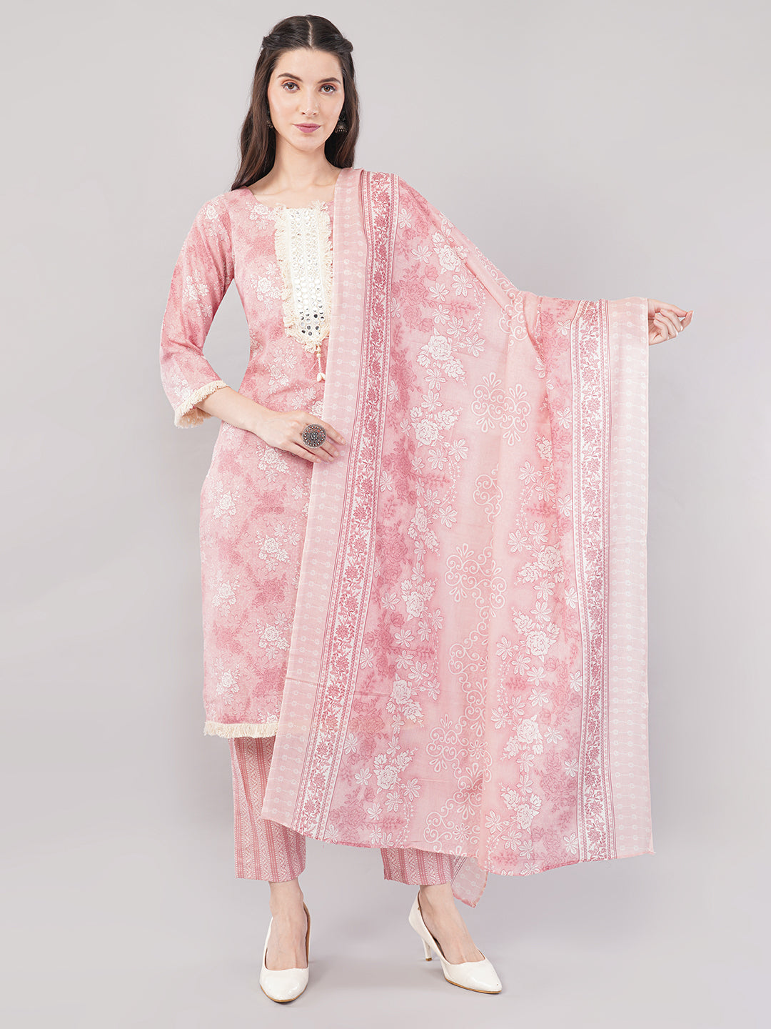 Nakhrelee Women Peach Ethnic Motifs Printed Kurta with Trousers & Dupatta