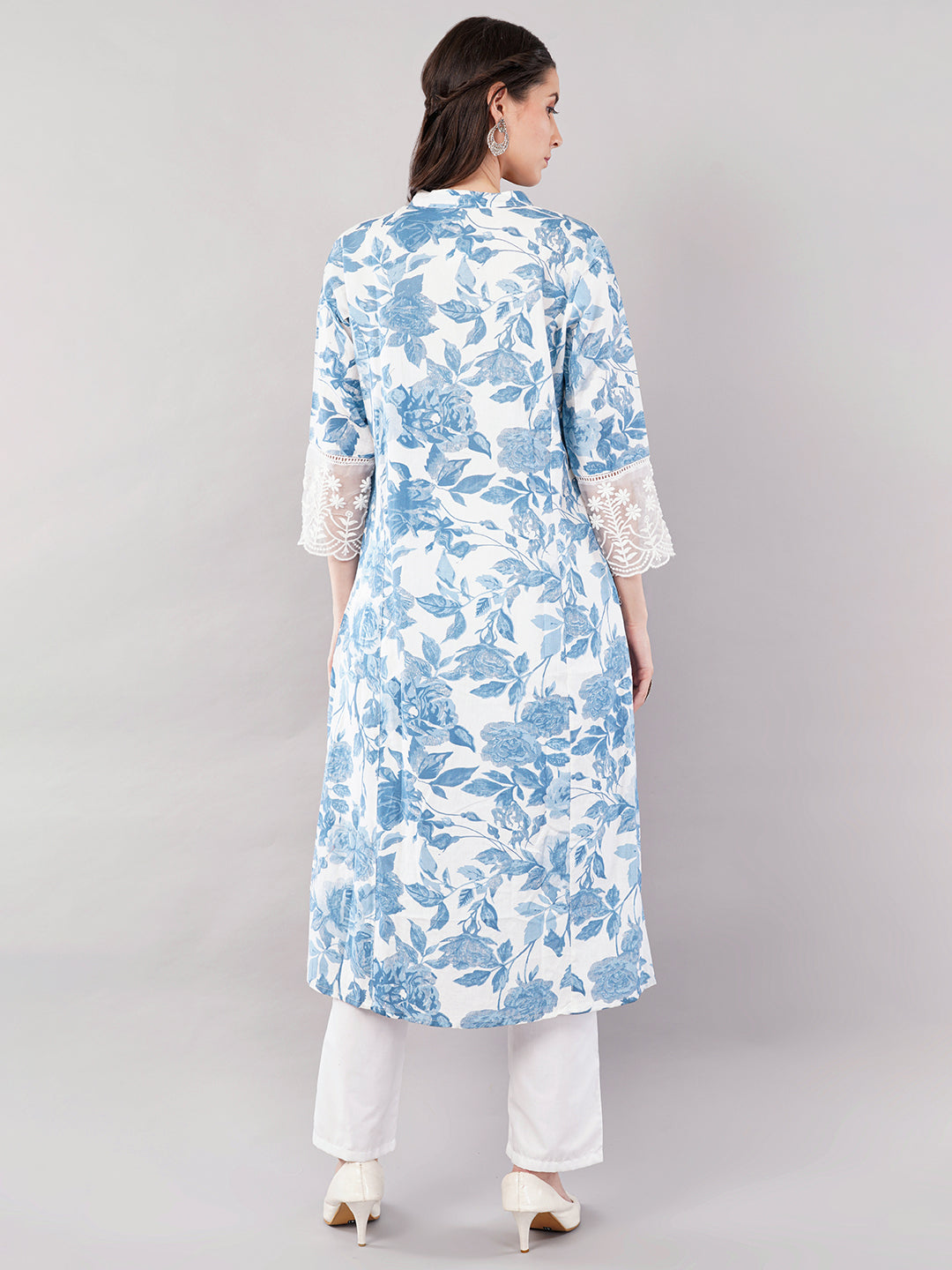 Blue & White Floral Printed Straight Kurta with Lace Detailing