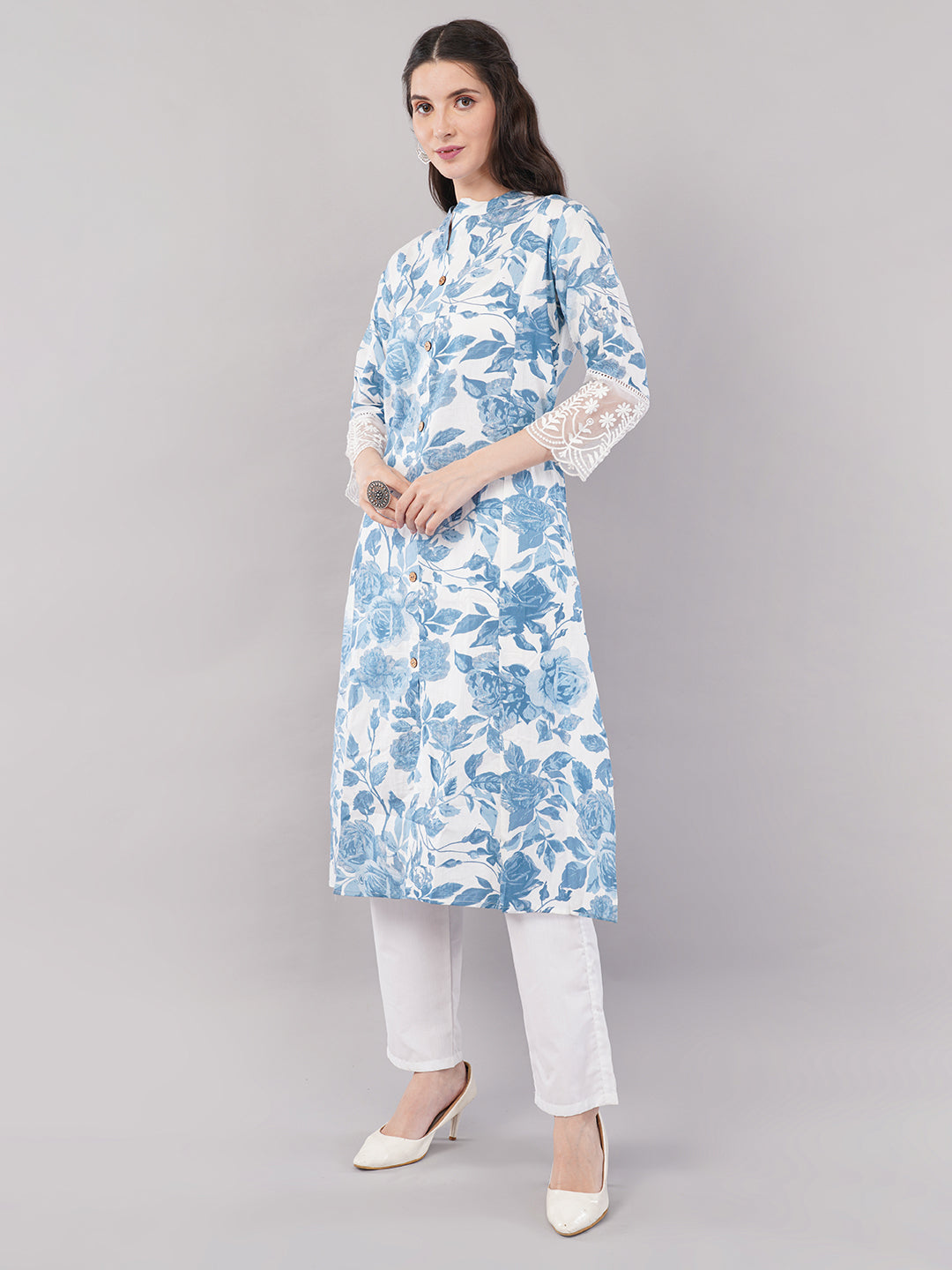 Blue & White Floral Printed Straight Kurta with Lace Detailing