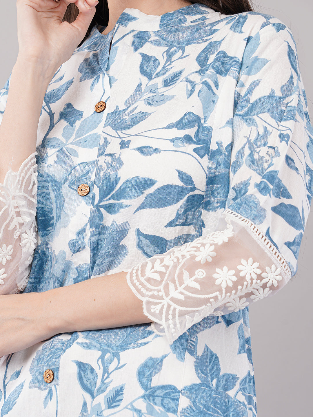 Blue & White Floral Printed Straight Kurta with Lace Detailing