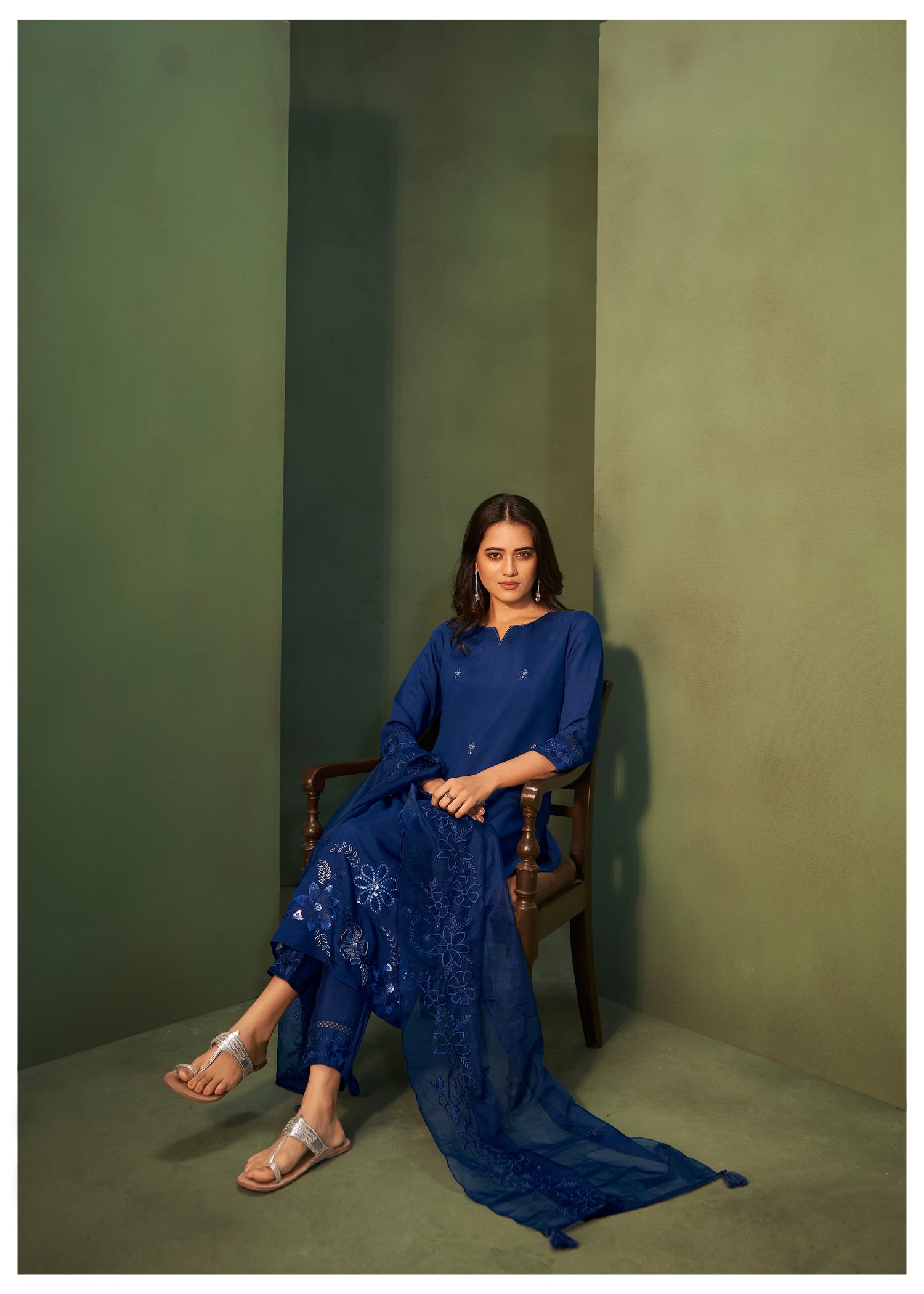 Elevate your ethnic wardrobe with this stunning blue Kurta, Pant, and Dupatta Set, perfect for any festive or special occasion.