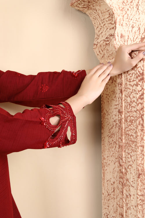 Elegant Maroon Embroidered 3-Piece Outfit