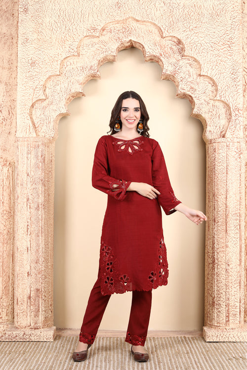 Elegant Maroon Embroidered 3-Piece Outfit