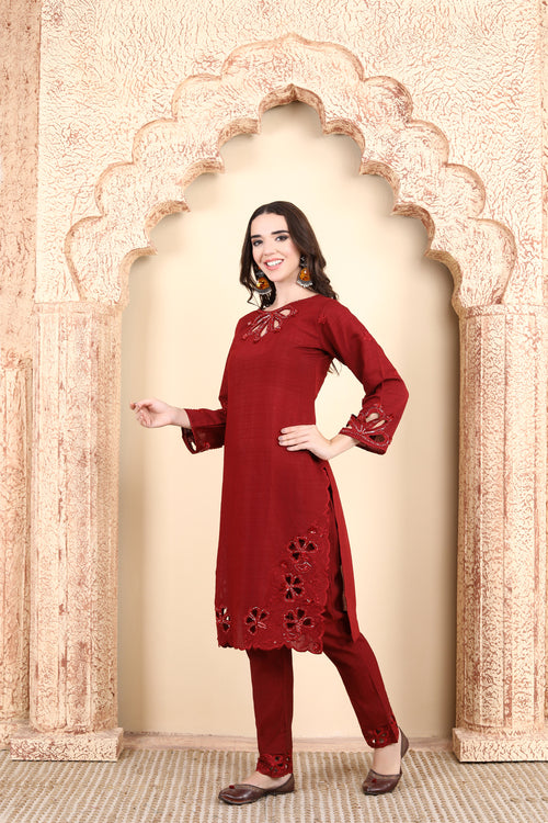 Elegant Maroon Embroidered 3-Piece Outfit