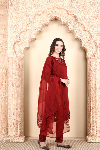 Elegant Maroon Embroidered 3-Piece Outfit