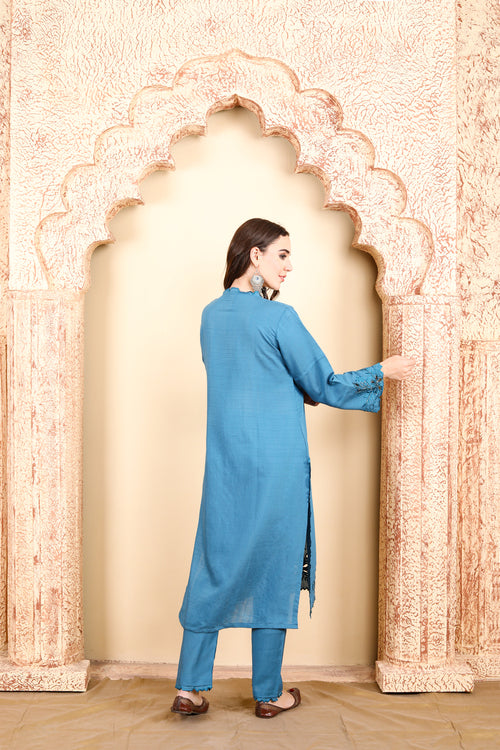 Elegant Blue Embroidered Three-Piece Suit