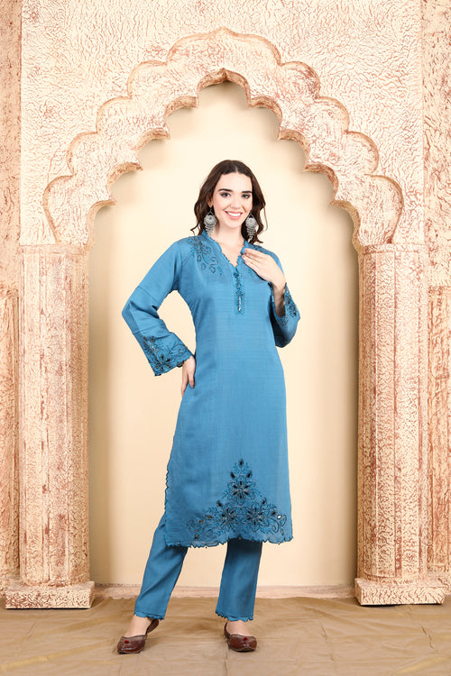 Elegant Blue Embroidered Three-Piece Suit