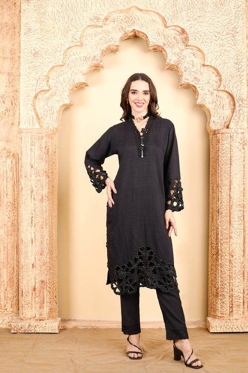 Elegant Black Embroidered Three-Piece Suit