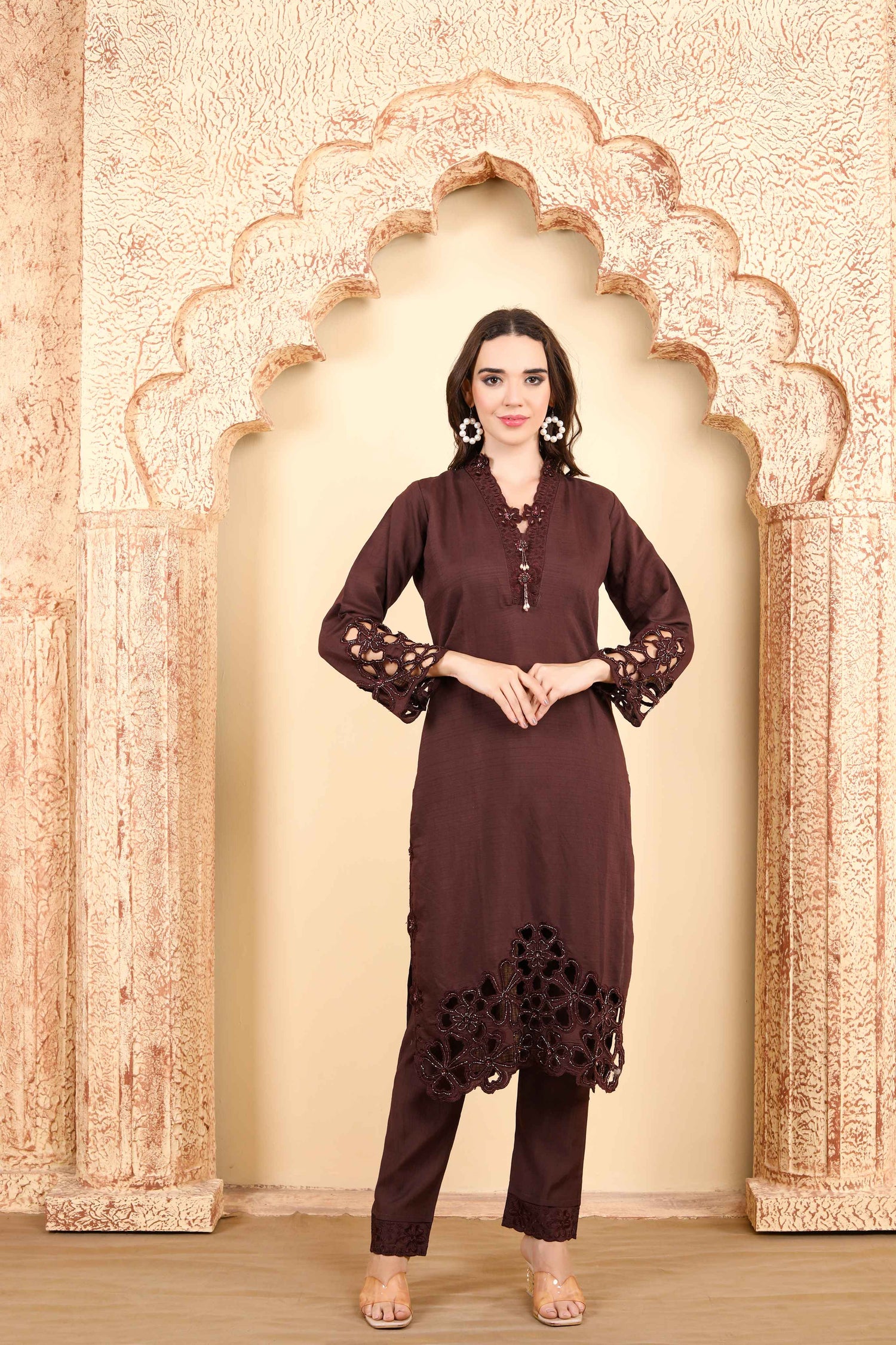 Elegant chocolate brown Embroidered Kurta Set with Lace Detailing and Stylish Sleeves