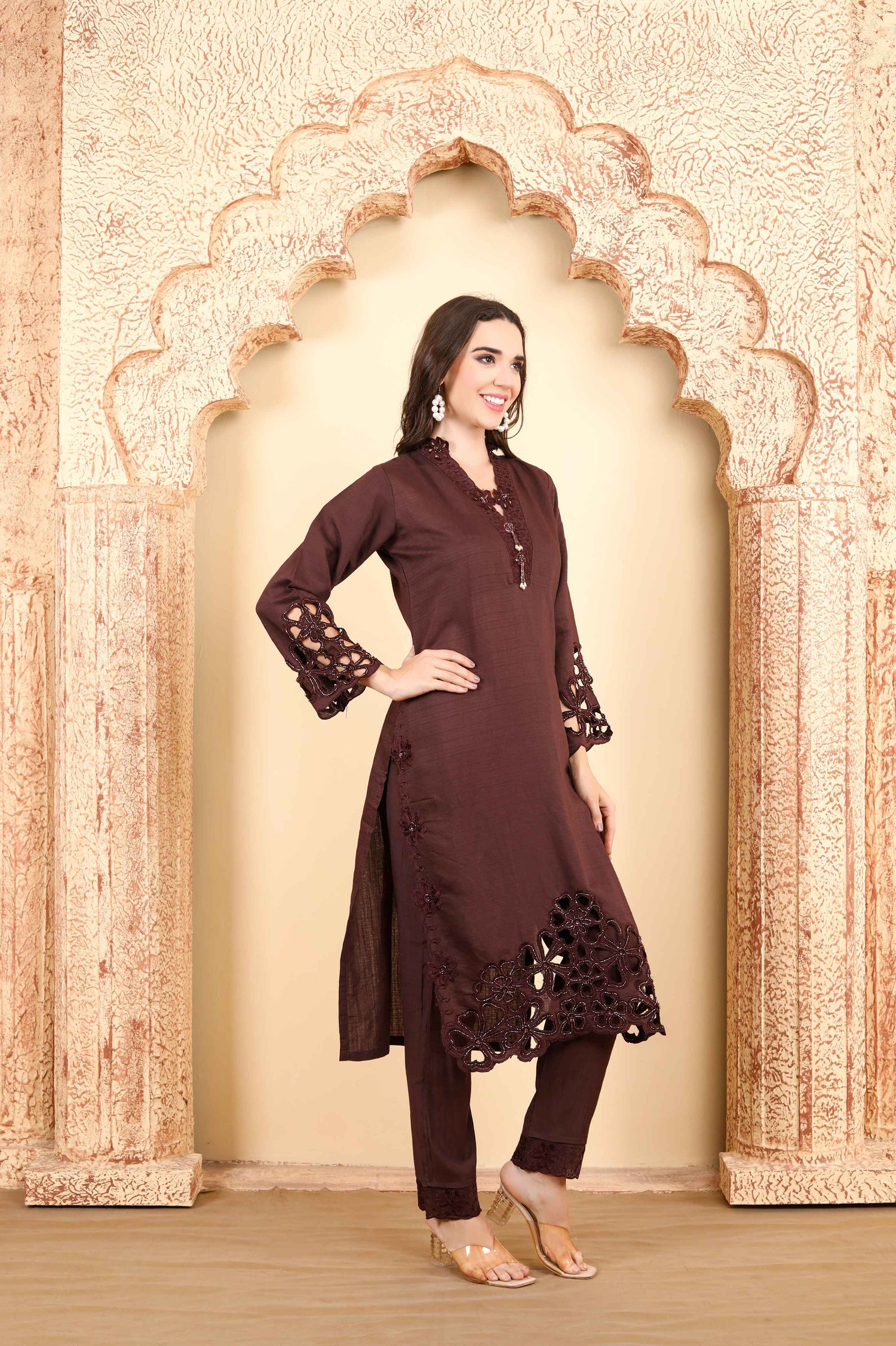 Elegant chocolate brown Embroidered Kurta Set with Lace Detailing and Stylish Sleeves