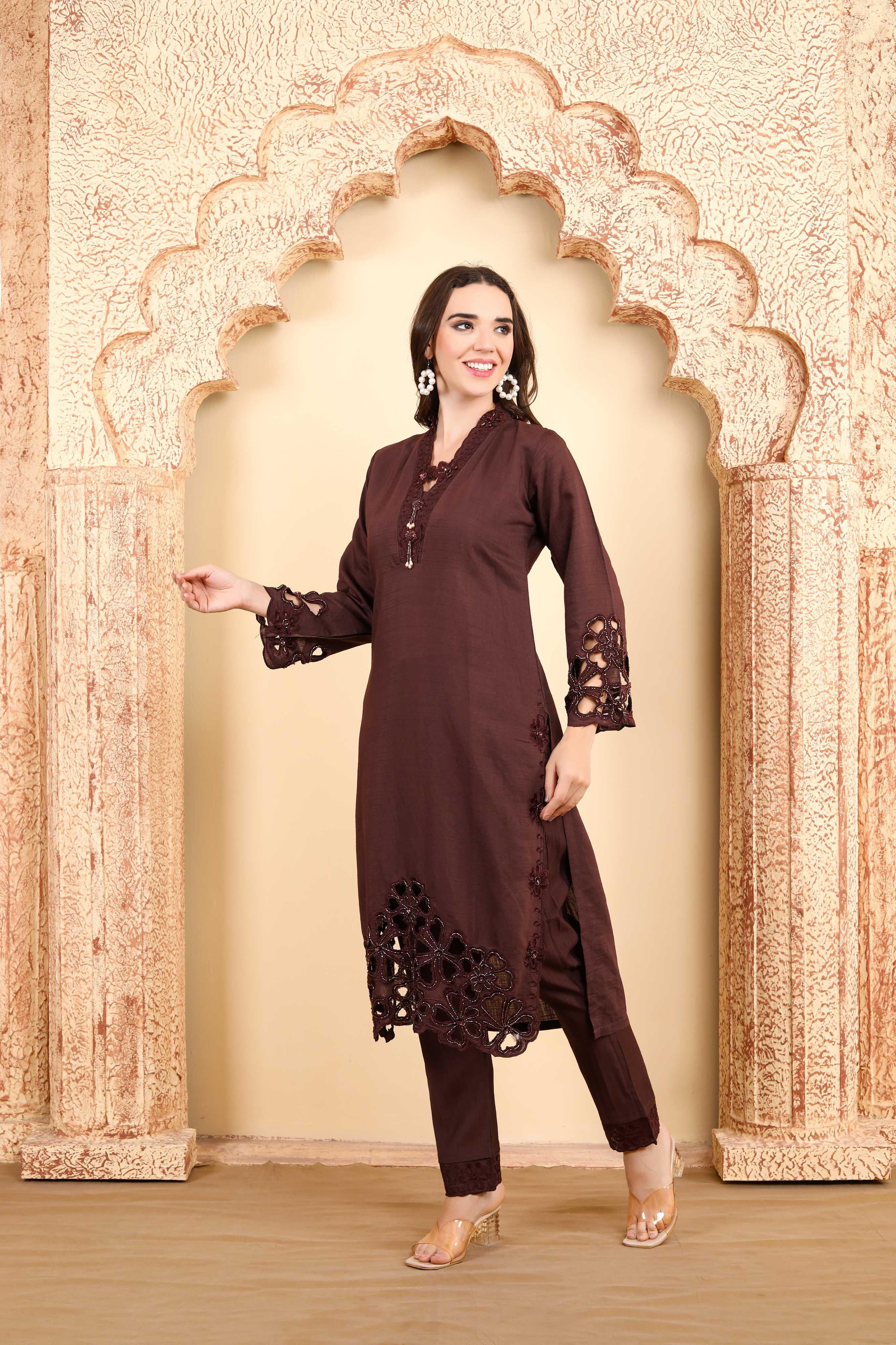 Elegant chocolate brown Embroidered Kurta Set with Lace Detailing and Stylish Sleeves