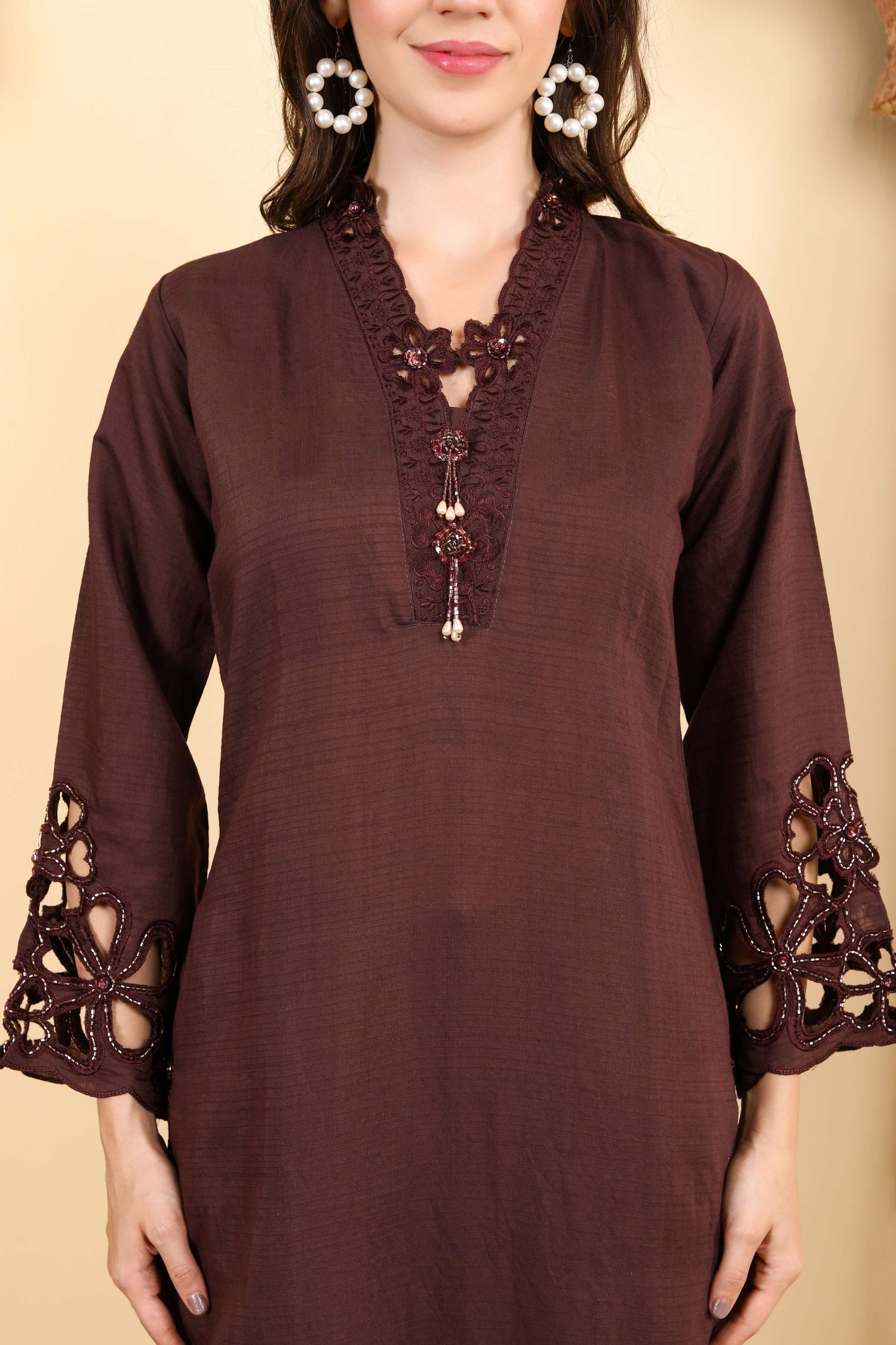 Elegant chocolate brown Embroidered Kurta Set with Lace Detailing and Stylish Sleeves