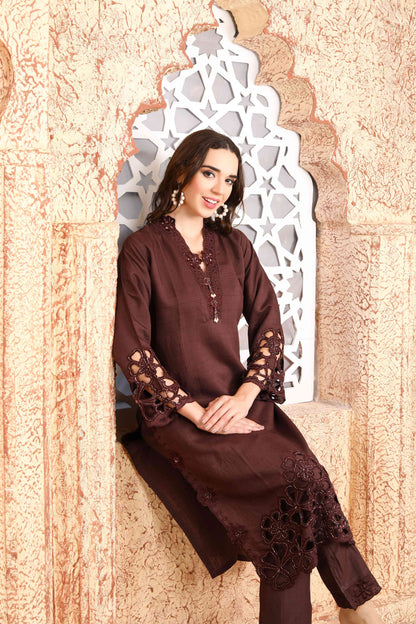 Elegant chocolate brown Embroidered Kurta Set with Lace Detailing and Stylish Sleeves