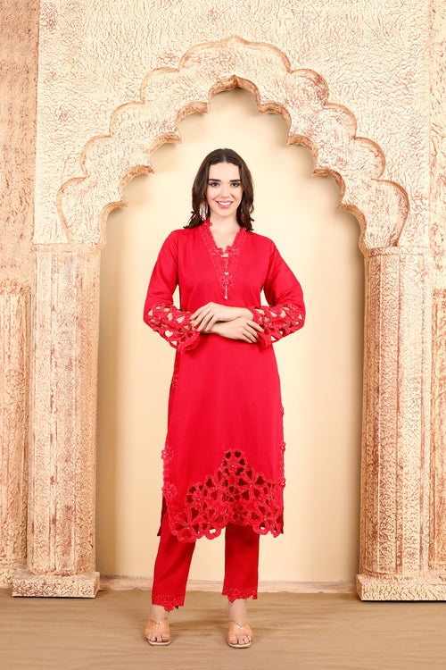 Radiant Red Embroidered 3-Piece Ensemble