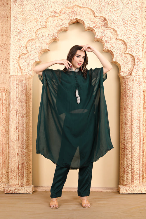 Elegant Green Cape Style Kaftan Set