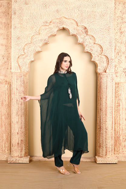 Elegant Green Cape Style Kaftan Set