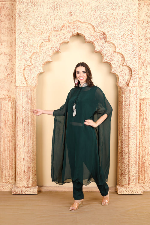 Elegant Green Cape Style Kaftan Set