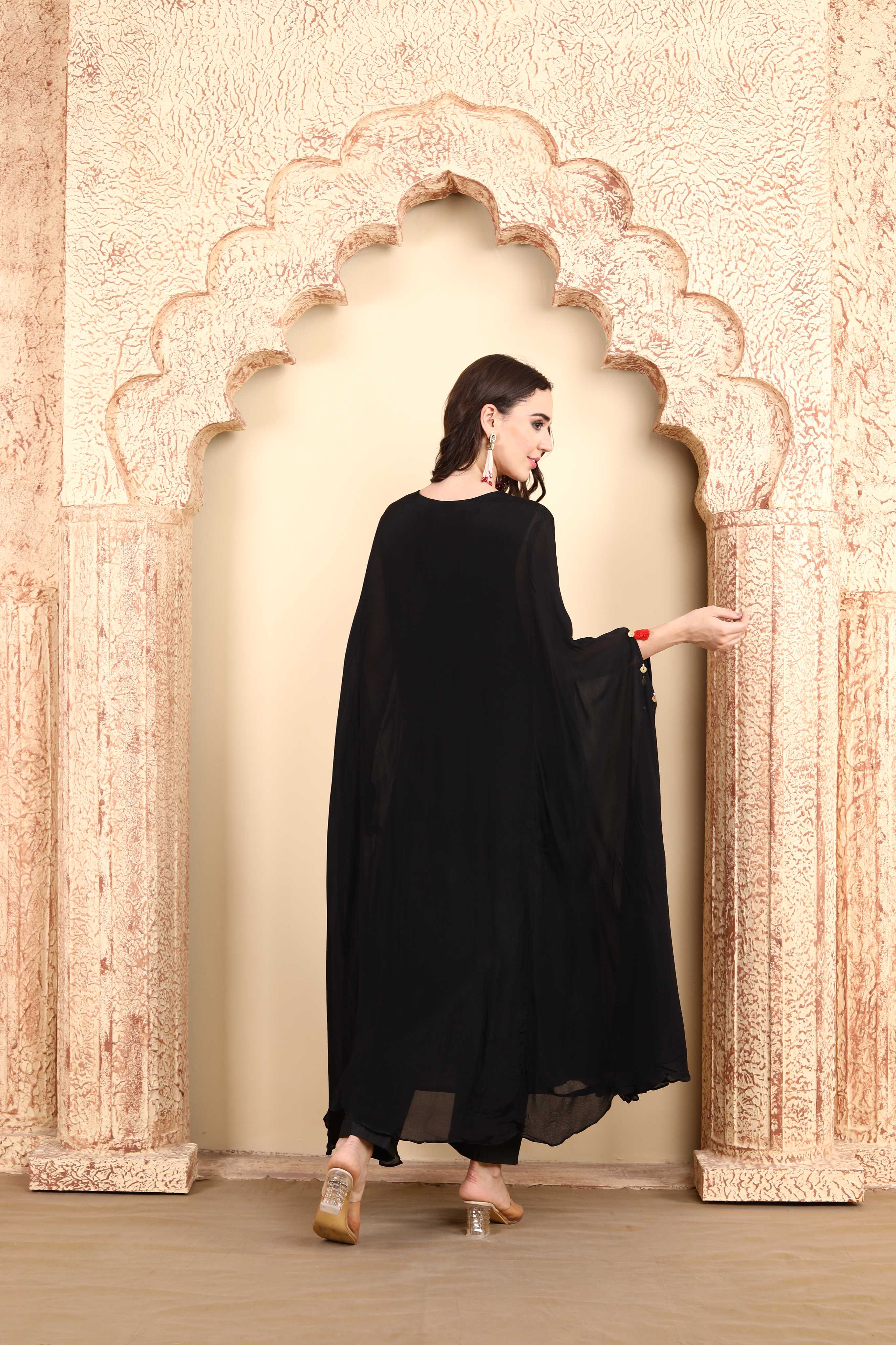 Black Floral hand Embroidered Kaftan-Style outfit with Tassel Detailing and Modern Elegance