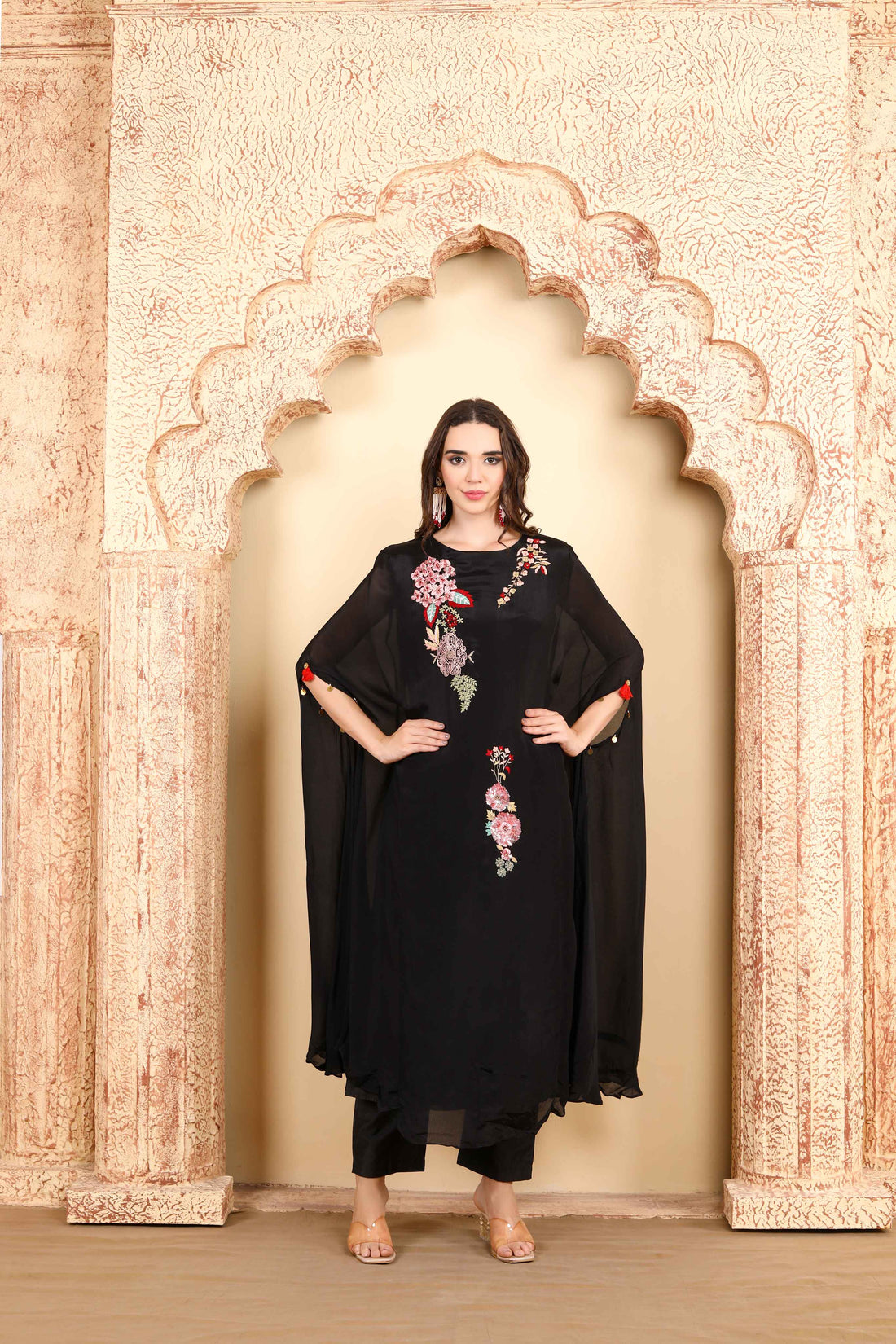 Black Floral hand Embroidered Kaftan-Style outfit with Tassel Detailing and Modern Elegance