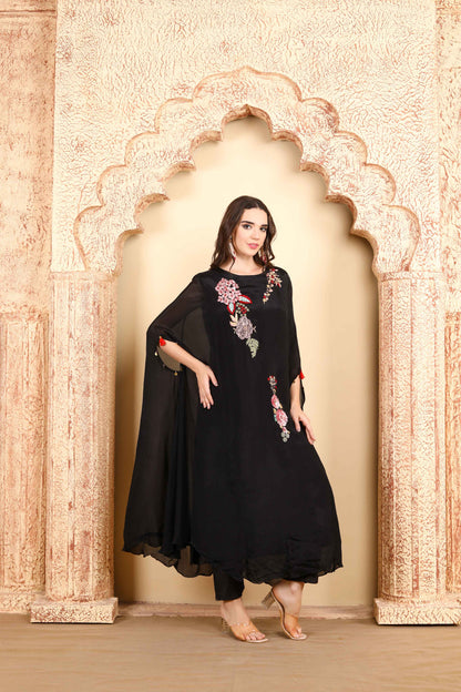 Black Floral hand Embroidered Kaftan-Style outfit with Tassel Detailing and Modern Elegance