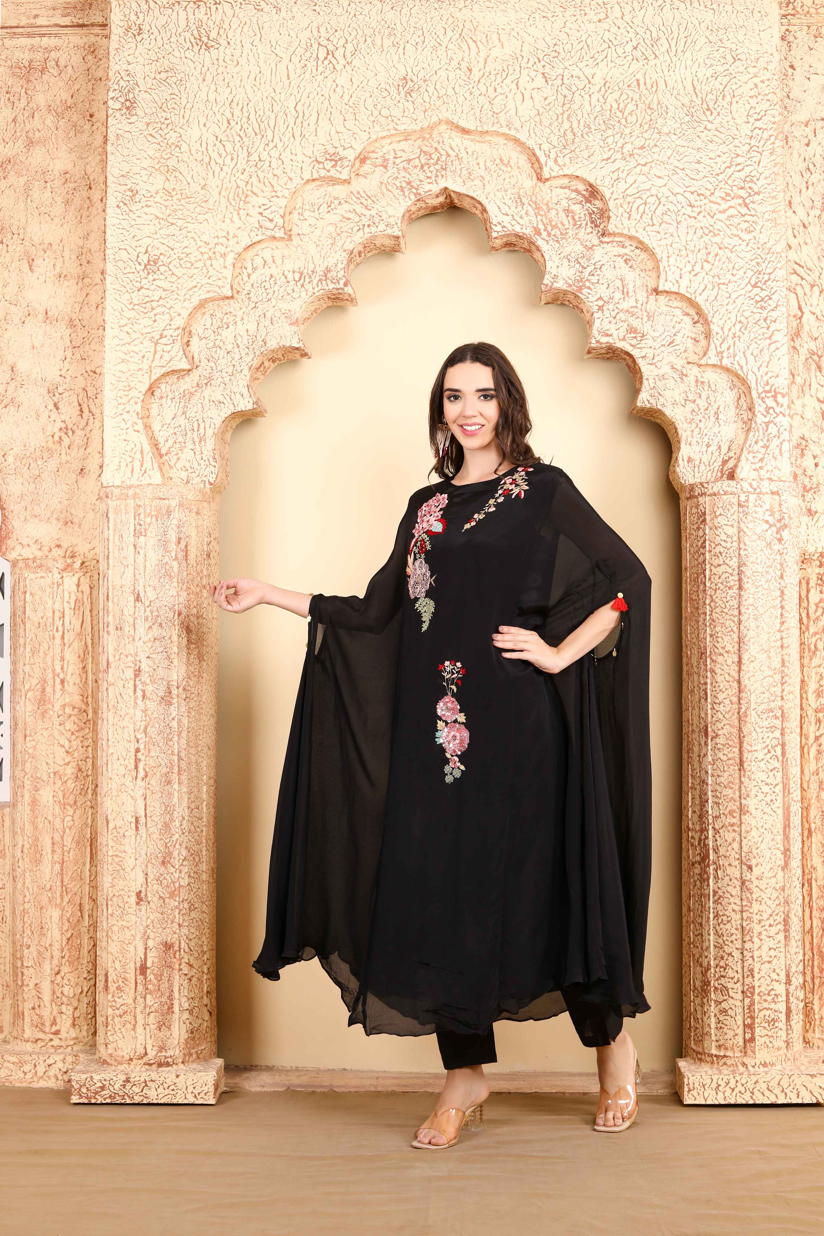 Black Floral hand Embroidered Kaftan-Style outfit with Tassel Detailing and Modern Elegance