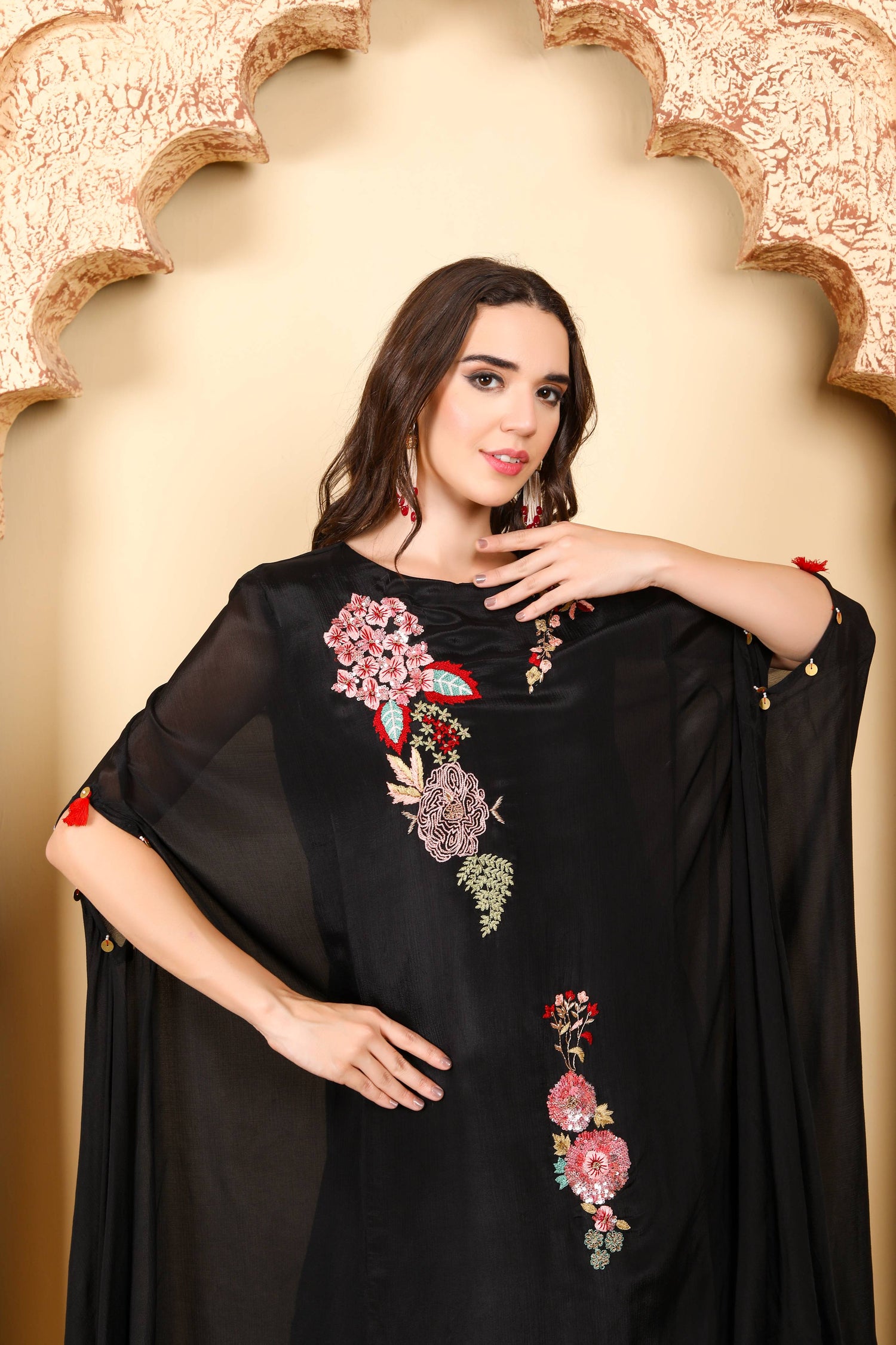 Black Floral hand Embroidered Kaftan-Style outfit with Tassel Detailing and Modern Elegance