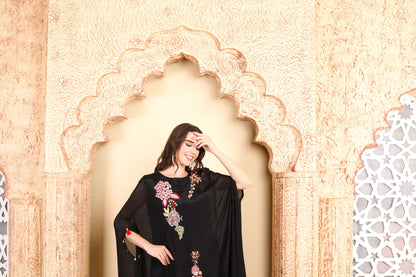 Black Floral hand Embroidered Kaftan-Style outfit with Tassel Detailing and Modern Elegance