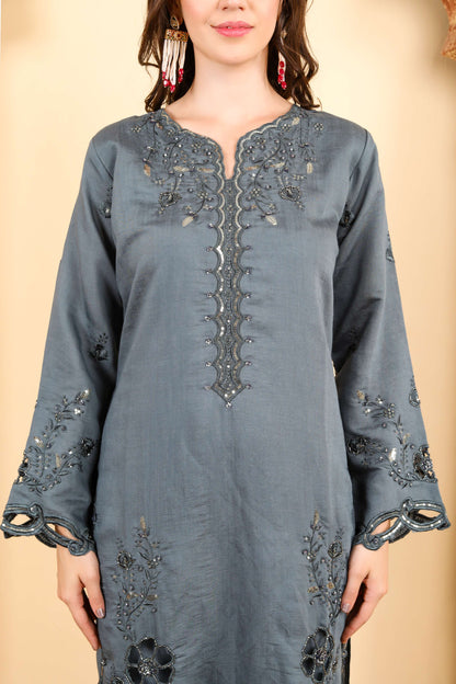 Elegant Grey Embroidered Kurta Set with Dupatta and Intricate Lace Detailing