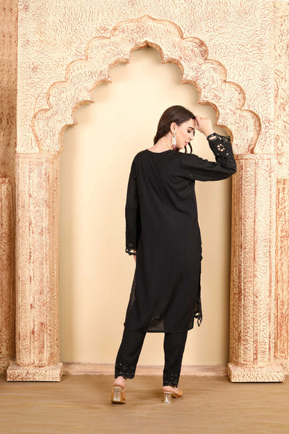 Classic Black Embroidered Kurta Set of three with Sheer Dupatta and Exquisite Lace Work