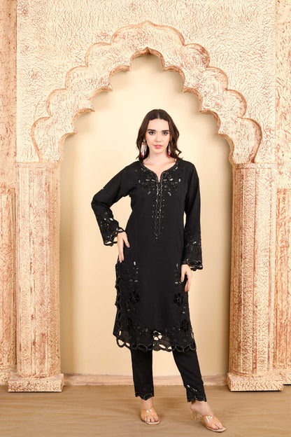 Classic Black Embroidered Kurta Set of three with Sheer Dupatta and Exquisite Lace Work