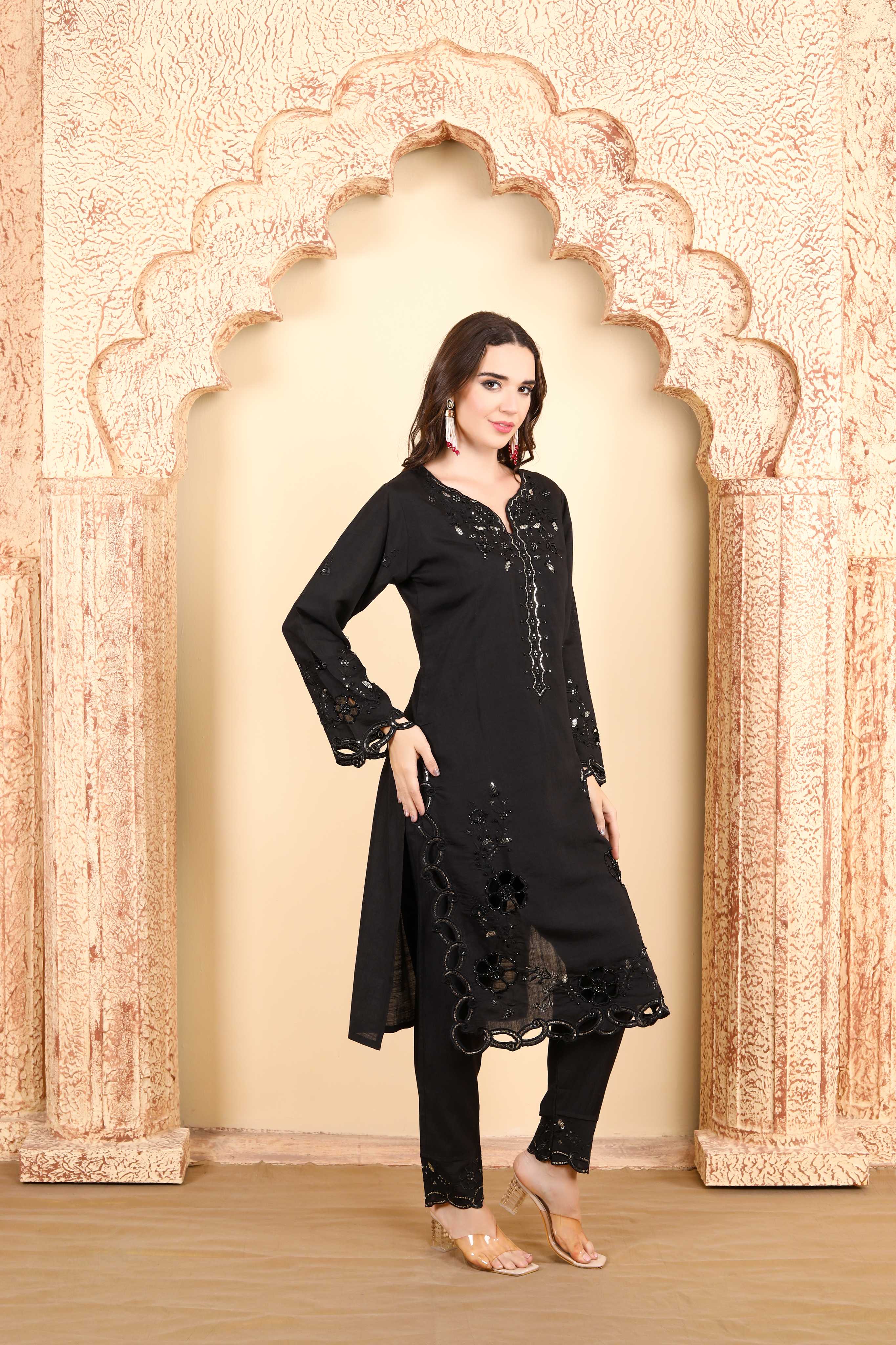 Classic Black Embroidered Kurta Set of three with Sheer Dupatta and Exquisite Lace Work