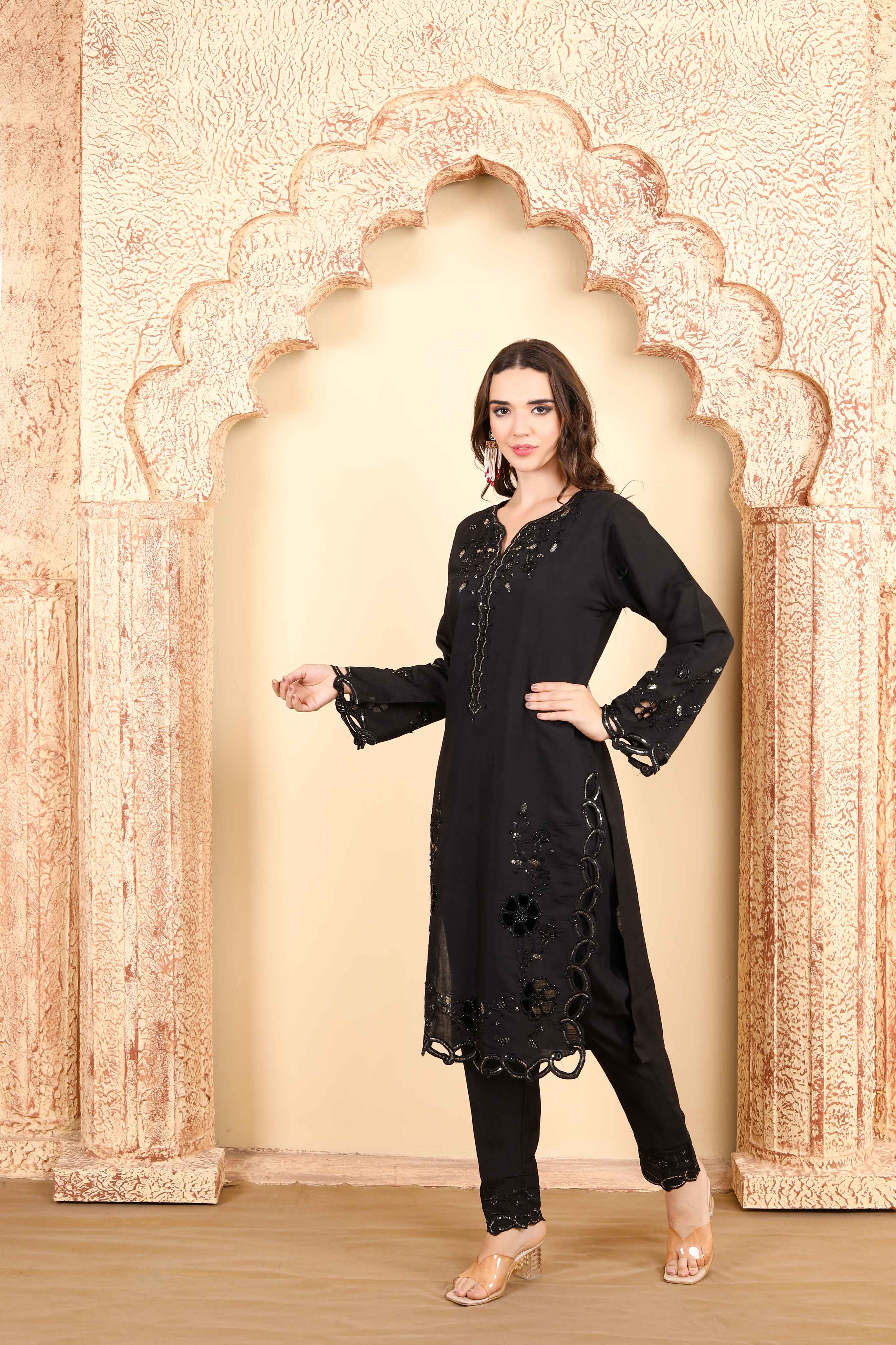 Classic Black Embroidered Kurta Set of three with Sheer Dupatta and Exquisite Lace Work