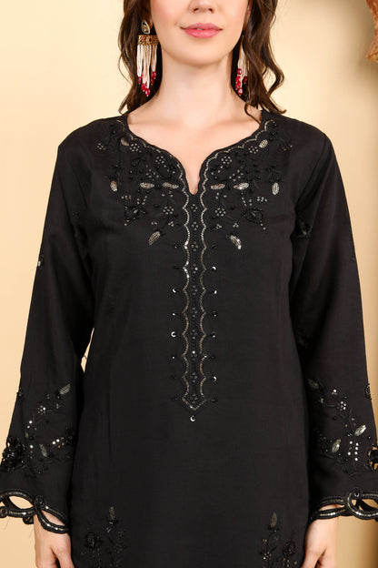 Classic Black Embroidered Kurta Set of three with Sheer Dupatta and Exquisite Lace Work