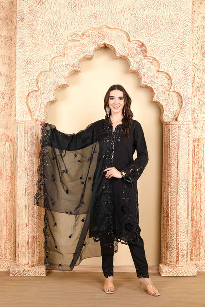 Classic Black Embroidered Kurta Set of three with Sheer Dupatta and Exquisite Lace Work